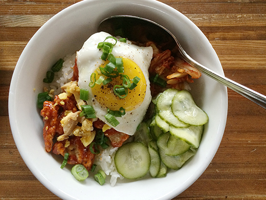 Korean Fried Chicken ($10): Served with short grain rice, house kimchi & eggs two ways. 